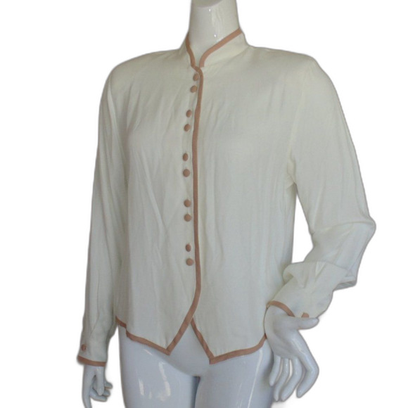 BEDFORD FAIR Shirt-jacket, L, Off-white/Camel trim, Buttons, Long sleeve - Picture 3 of 12